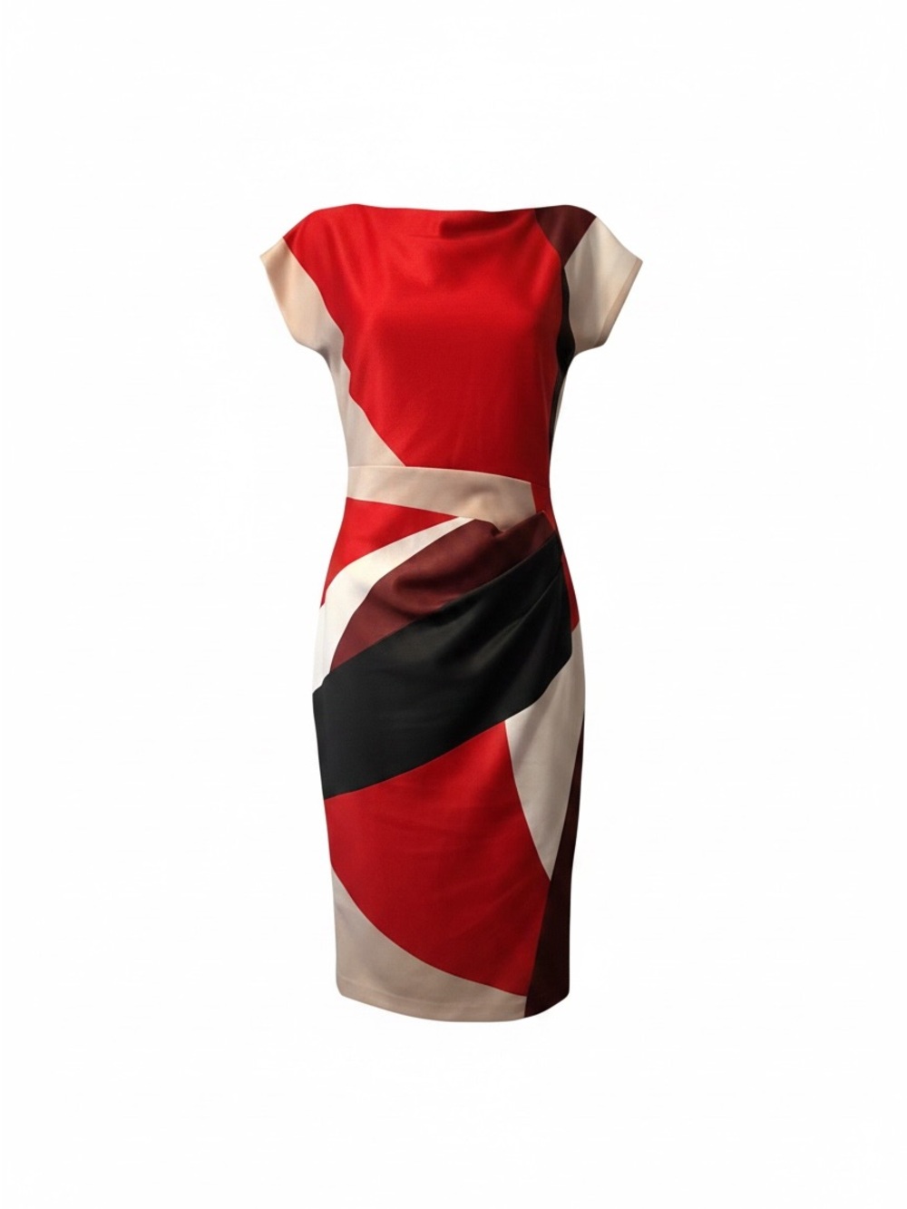 Donna Karan Red, Black and Cream Colorblock Sheath Dress